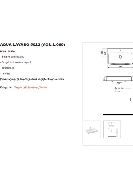 Aqua Beyaz Delikli Lavabo 60x46 Cm AQU.L.060
