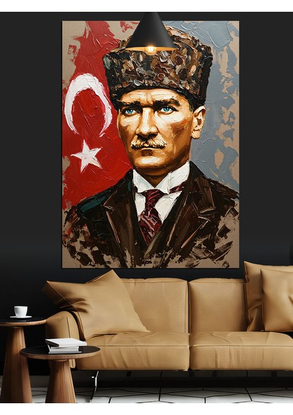 Bayrak Önünde Mustafa Kemal Atatürk Dekoratif Kanvas - Mdf Ahşap Tablo