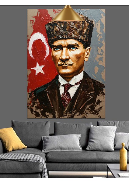 Bayrak Önünde Mustafa Kemal Atatürk Dekoratif Kanvas - Mdf Ahşap Tablo fiyatları