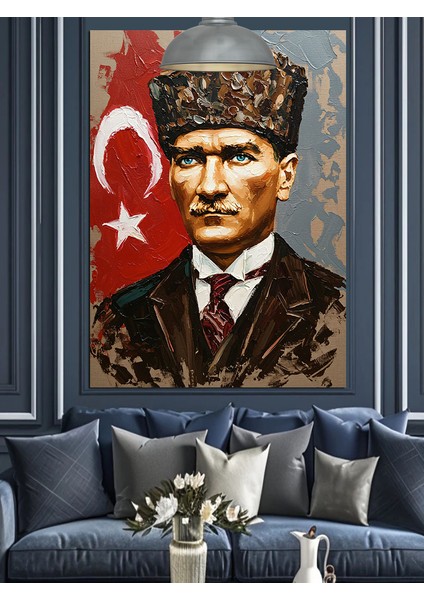 Bayrak Önünde Mustafa Kemal Atatürk Dekoratif Kanvas - Mdf Ahşap Tablo modelleri