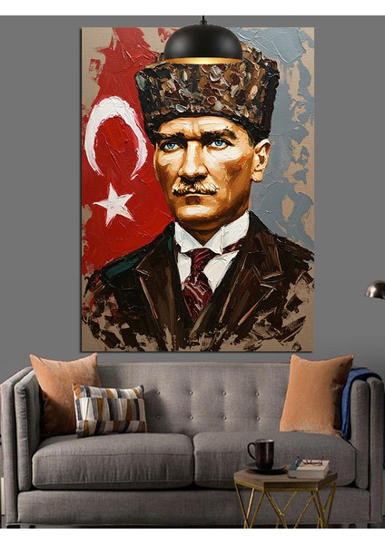 Bayrak Önünde Mustafa Kemal Atatürk Dekoratif Kanvas - Mdf Ahşap Tablo fırsatları