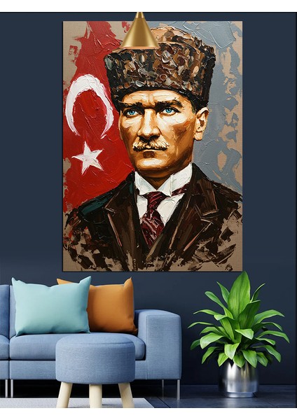 Bayrak Önünde Mustafa Kemal Atatürk Dekoratif Kanvas - Mdf Ahşap Tablo indirimleri