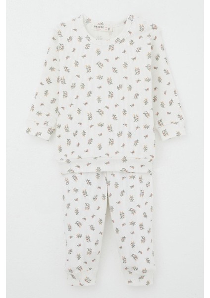 Kız Bebek Pijama Takımı Omuzdan Patlı Çiçek Desenli 4 Ay-1 Yaş, Ekru