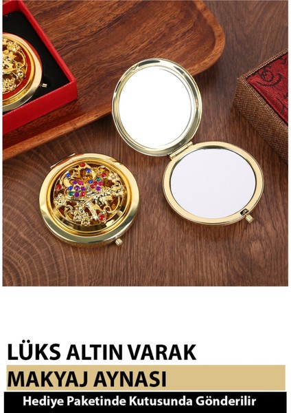 Metal Altın Varak Katlanabilir Yuvarlak Hediyelik Cep Makyaj Aynası Sevgililer ve Anneler Günü