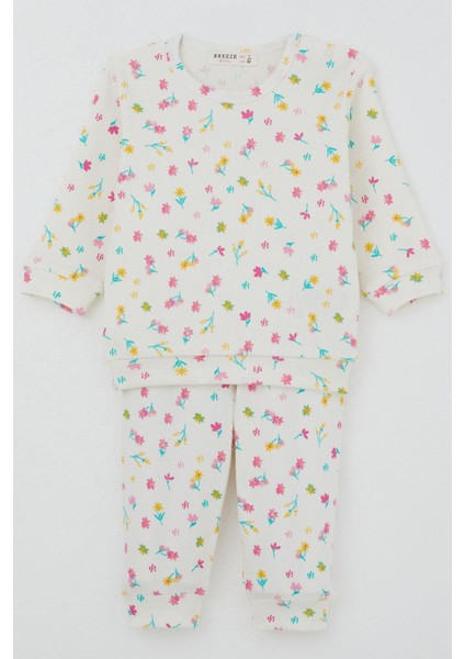 Kız Bebek Pijama Takımı Omuzdan Patlı Renkli Çiçek Desenli 4 Ay-1 Yaş, Ekru