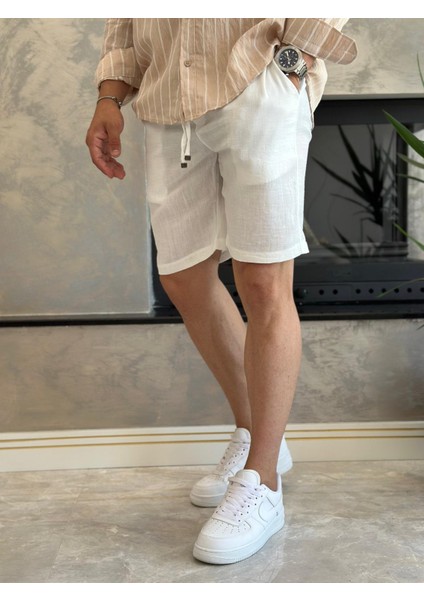 Erkek Regular Fit Dökümlü Kumaş Şort Beyaz ECA022 fiyatları