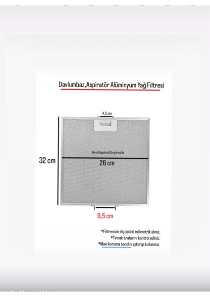 Üniversal En 26 cm Boy 32 cm - Arka Tırnak 9,5 cm Aspiratör Davlumbaz Metal Yağ Filtresi