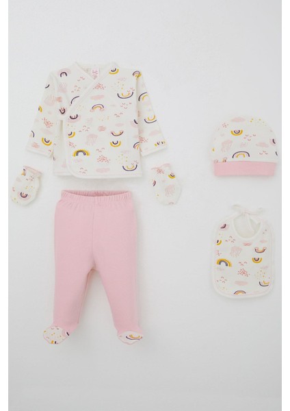 Kız Bebek Hastane Çıkışı 5 Li Gökyüzü Temalı Bulut Desenli 0-3 Ay, Ekru