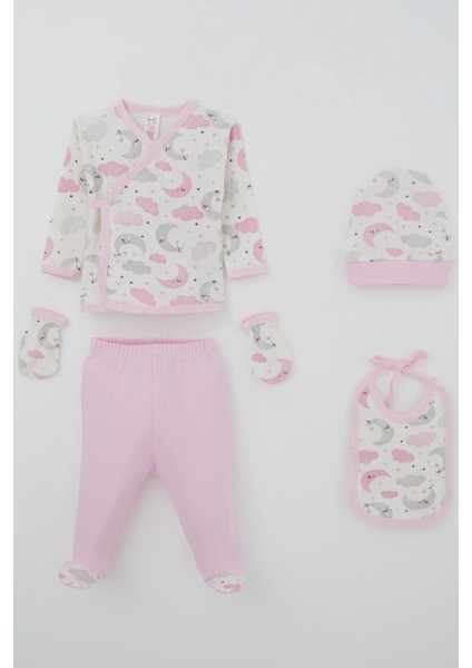 Kız Bebek Hastane Çıkışı 5 Li Gökyüzü Temalı Uykucu Ay Desenli 0-3 Ay, Ekru