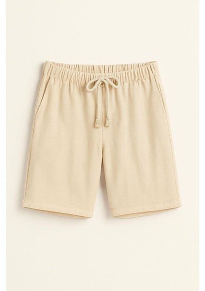 Erkek Beli Bağcıklı Relaxed Fit Keten Şort Bej ECA027