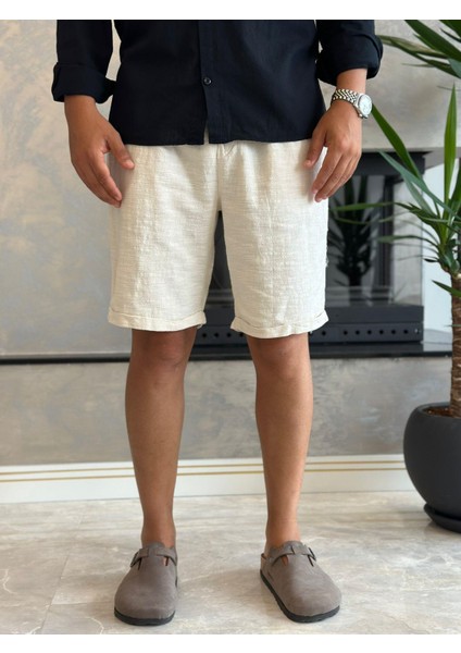 Erkek Beli Bağcıklı Relaxed Fit Keten Şort Bej ECA027 modelleri