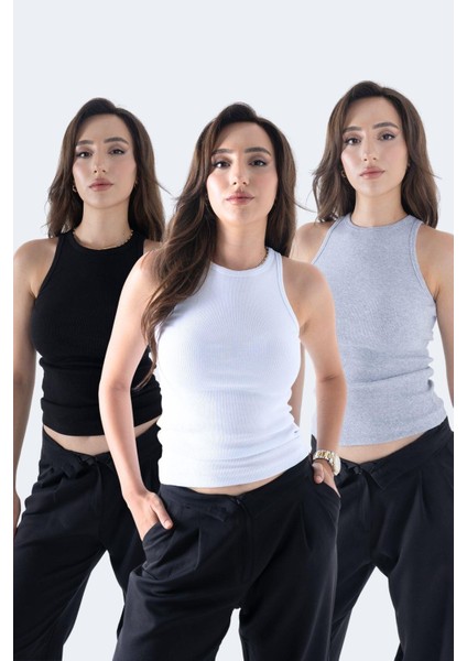 Fitilli Regular Fit Normal Kalıp Siyah-Gri-Beyaz Bisiklet Yaka Sıfır Kol Pamuklu 3'lü Kadın Atlet