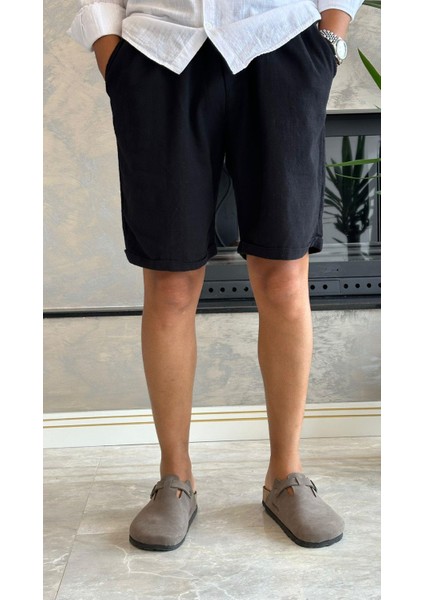 Erkek Beli Bağcıklı Relaxed Fit Keten Şort Siyah ECA027 fiyatları