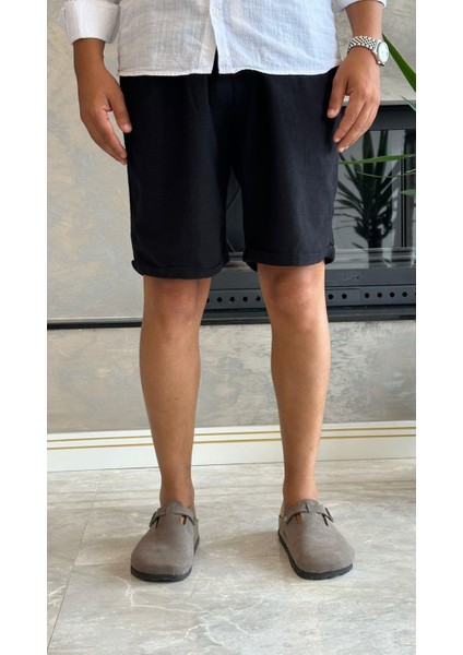 Erkek Beli Bağcıklı Relaxed Fit Keten Şort Siyah ECA027 modelleri