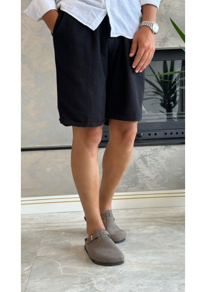 Erkek Beli Bağcıklı Relaxed Fit Keten Şort Siyah ECA027 indirimleri