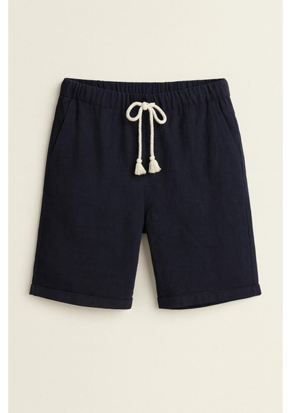 Erkek Beli Bağcıklı Relaxed Fit Keten Şort Lacivert ECA027