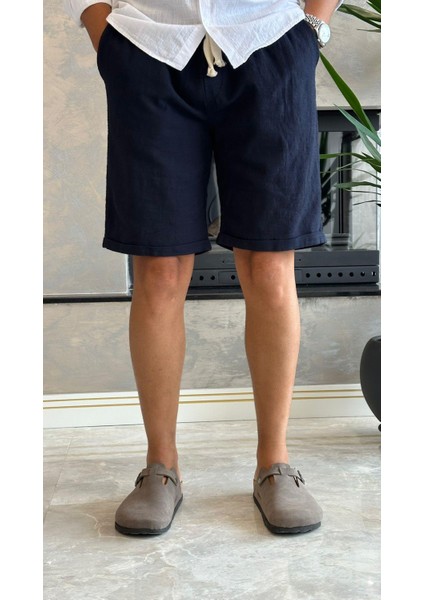 Erkek Beli Bağcıklı Relaxed Fit Keten Şort Lacivert ECA027 fiyatları
