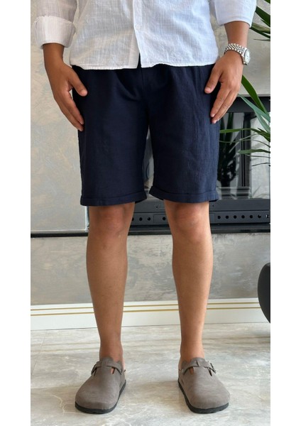 Erkek Beli Bağcıklı Relaxed Fit Keten Şort Lacivert ECA027 modelleri