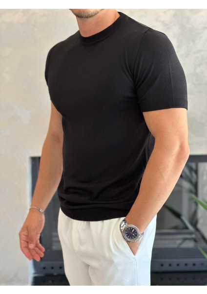 Erkek Slim Fit Pamuklu Bisiklet Yaka Tshirt Siyah ECA021 fiyatları