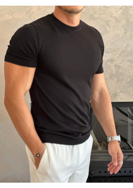 Erkek Slim Fit Pamuklu Bisiklet Yaka Tshirt Siyah ECA021 modelleri