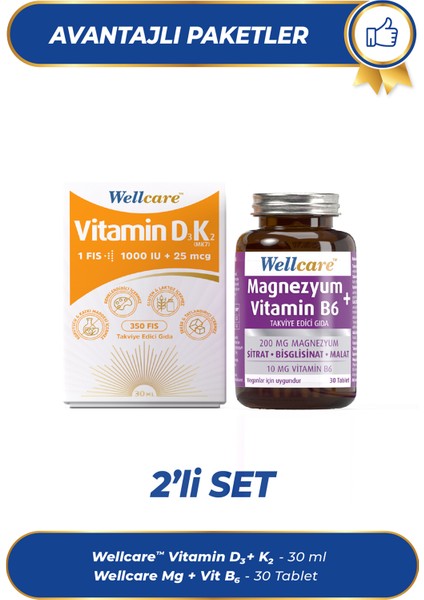 2'li Set - D3 + Vitamin K2 - 30 ml & Magnezyum + Vitamin B6 - 30 Tablet