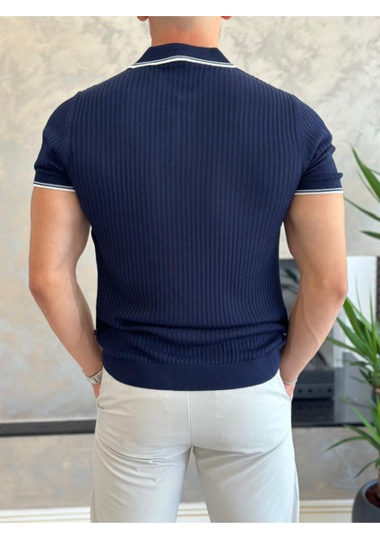 Erkek Slim Fit Triko Polo Yaka Tshirt Lacivert ECA015 indirimleri