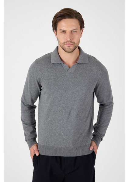 Gri Saf %100 Pamuk Erkek Patlı Düğmesiz Polo Yaka Triko Kazak