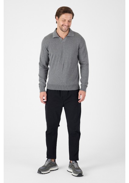 Gri Saf %100 Pamuk Erkek Patlı Düğmesiz Polo Yaka Triko Kazak modelleri