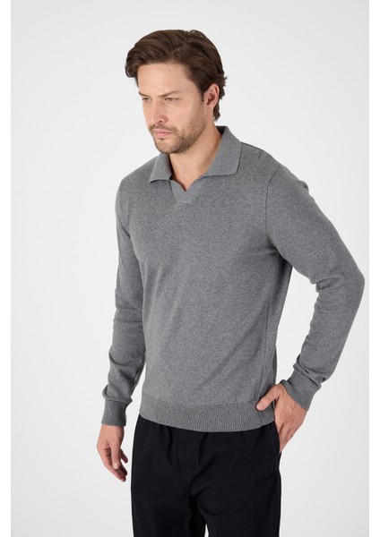 Gri Saf %100 Pamuk Erkek Patlı Düğmesiz Polo Yaka Triko Kazak fırsatları