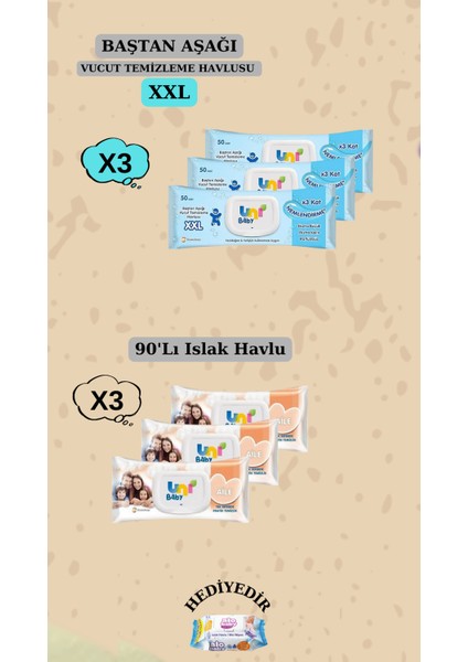 Vücut Temizleme Havlusu Xxl 3'li 150 Yaprak ve Aile Islak Mendil 3 Paket 90LI 270 Yaprak