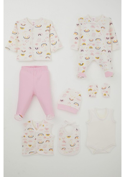 Kız Bebek Hastane Çıkışı 8 Li Gökyüzü Temalı Bulut Desenli 0-3 Ay, Ekru