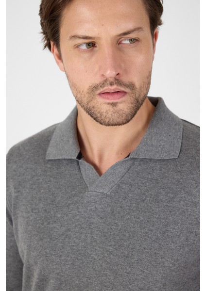 Gri Saf %100 Pamuk Erkek Patlı Düğmesiz Polo Yaka Triko Kazak