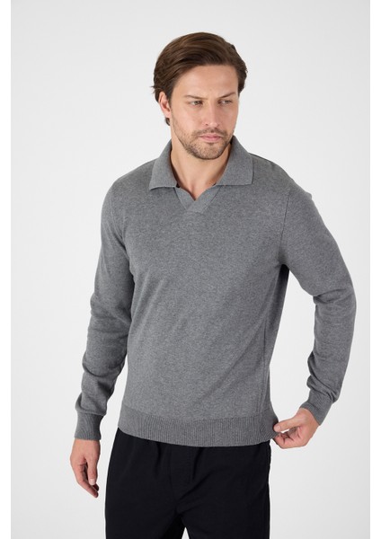 Gri Saf %100 Pamuk Erkek Patlı Düğmesiz Polo Yaka Triko Kazak