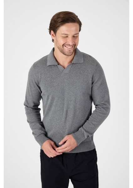 Gri Saf %100 Pamuk Erkek Patlı Düğmesiz Polo Yaka Triko Kazak