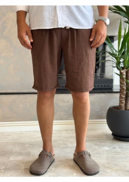 Erkek Beli Bağcıklı Relaxed Fit Keten Şort Kahverengi ECA027 modelleri