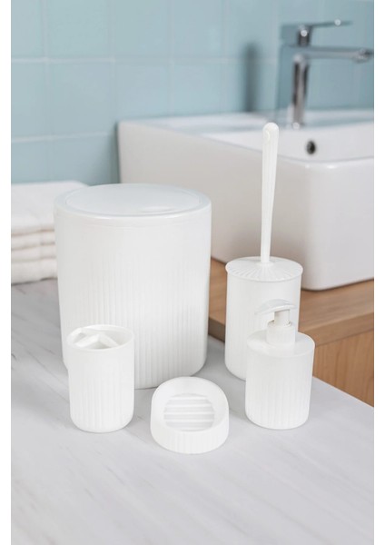 Şık Tasarımlı 5 Parça Beyaz Banyo Takımı, Çöp Kovası Hacmi 6 Litre
