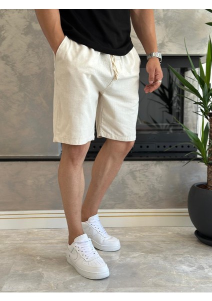 Erkek Beli Bağcıklı Rahat Kalıp Keten Şort Krem ECA006 fiyatları