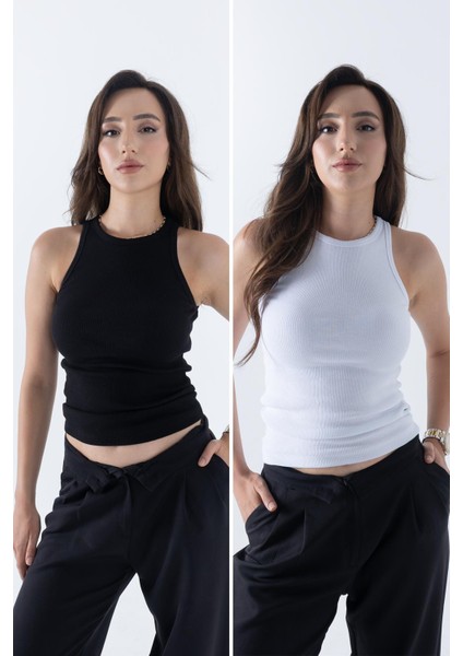 Fitilli Regular Fit Normal Kalıp Siyah-Beyaz Bisiklet Yaka Sıfır Kol Pamuklu 2'li Kadın Atlet