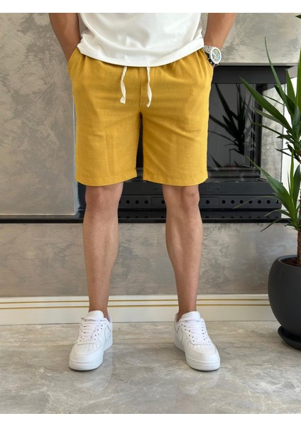 Erkek Beli Bağcıklı Rahat Kalıp Keten Şort Sarı ECA006
