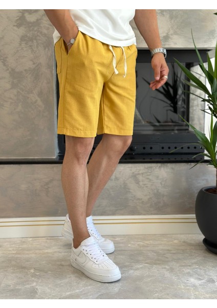 Erkek Beli Bağcıklı Rahat Kalıp Keten Şort Sarı ECA006 fiyatları