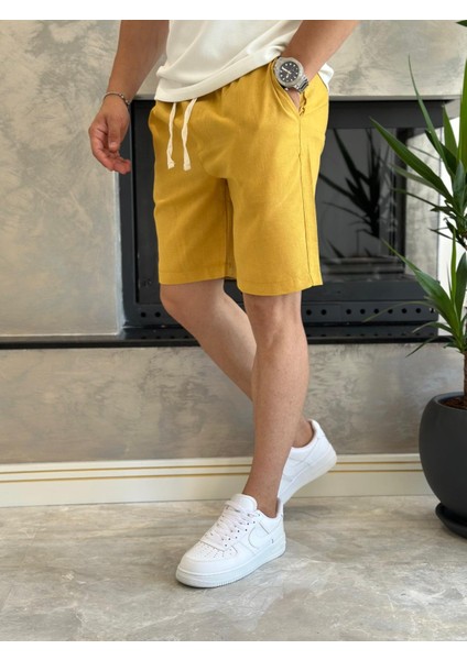 Erkek Beli Bağcıklı Rahat Kalıp Keten Şort Sarı ECA006 modelleri