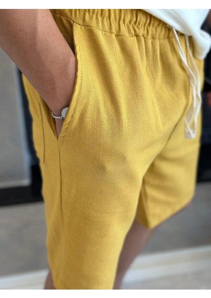 Erkek Beli Bağcıklı Rahat Kalıp Keten Şort Sarı ECA006 indirimleri