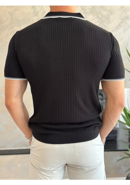 Erkek Slim Fit Triko Polo Yaka Tshirt Siyah ECA015 indirimleri