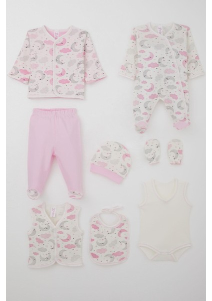 Kız Bebek Hastane Çıkışı 8 Li Gökyüzü Temalı Uykucu Ay Desenli 0-3 Ay, Ekru