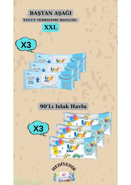 Vücut Temizleme Havlusu Xxl 3'li 150 Yaprak ve Islak Mendil 3 Paket 90LI 270 Yaprak