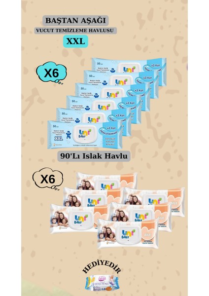 Vücut Temizleme Havlusu Xxl 6'li 300 Yaprak ve Aile Islak Mendil 6 Paket 90LI 540 Yaprak