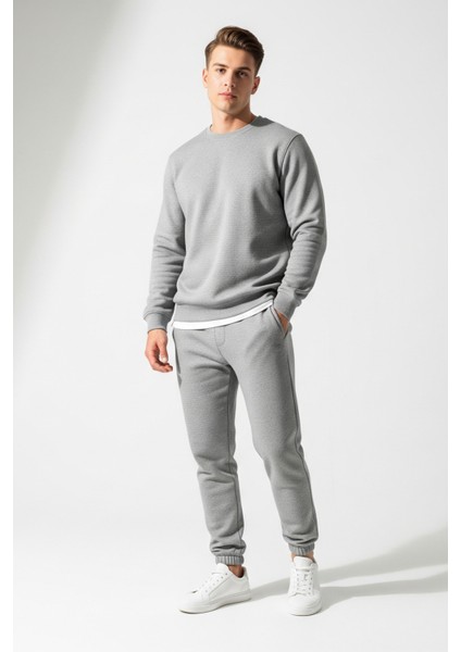 Pamuklu Erkek 2'li Eşofman Takımı Gri Regular Fit Ipli Cepli 3 Iplik Lastikli Paça Sweatshirt + Eşofman Altı Nefes Alan