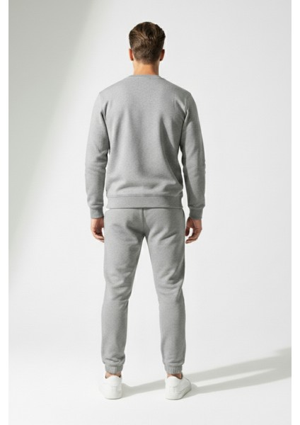 Pamuklu Erkek 2'li Eşofman Takımı Gri Regular Fit Ipli Cepli 3 Iplik Lastikli Paça Sweatshirt + Eşofman Altı Nefes Alan