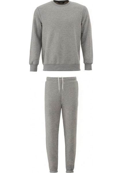 Pamuklu Erkek 2'li Eşofman Takımı Gri Regular Fit Ipli Cepli 3 Iplik Lastikli Paça Sweatshirt + Eşofman Altı Nefes Alan