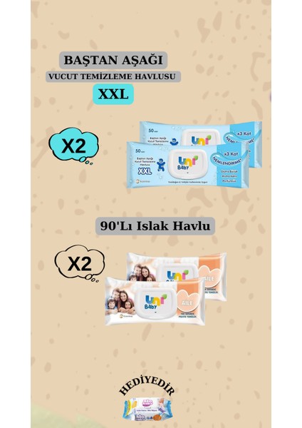 Vücut Temizleme Havlusu Xxl 2'li 100 Yaprak ve Aile Islak Mendil 2 Paket 90LI 180 Yaprak